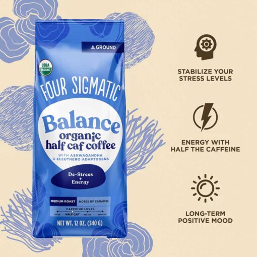 Buy Four Sigmatic Organic Balance Half Caf Ground Coffee offers a smooth, flavorful coffee experience with 50% less caffeine, perfect for a balanced energy boost without the jitters. Infused with functional mushrooms like Lion’s Mane for cognitive support and Chaga for immune health, this organic blend provides mental clarity and overall wellness benefits. Ideal for those looking to reduce their caffeine intake while enjoying a delicious, health-focused coffee.