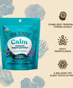 xperience tranquility with Four Sigmatic Organic Calm Super Powder, a soothing blend designed to promote relaxation and reduce stress. This delicious super powder features adaptogenic mushrooms, including Reishi, known for its calming properties, combined with L-theanine from green tea to enhance mental clarity without sedation. Enriched with organic herbs like chamomile and lemon balm, it creates a soothing beverage perfect for winding down any time of day. Easily dissolvable in hot or cold liquids, this versatile powder fits seamlessly into your daily routine—whether in a nighttime tea, smoothie, or coffee. Organic, vegan, gluten-free, and dairy-free, it caters to various dietary needs while delivering a gentle, calming effect. Embrace the power of nature and find your moments of peace with Four Sigmatic Organic Calm Super Powder.