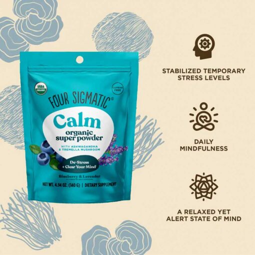 xperience tranquility with Four Sigmatic Organic Calm Super Powder, a soothing blend designed to promote relaxation and reduce stress. This delicious super powder features adaptogenic mushrooms, including Reishi, known for its calming properties, combined with L-theanine from green tea to enhance mental clarity without sedation. Enriched with organic herbs like chamomile and lemon balm, it creates a soothing beverage perfect for winding down any time of day. Easily dissolvable in hot or cold liquids, this versatile powder fits seamlessly into your daily routine—whether in a nighttime tea, smoothie, or coffee. Organic, vegan, gluten-free, and dairy-free, it caters to various dietary needs while delivering a gentle, calming effect. Embrace the power of nature and find your moments of peace with Four Sigmatic Organic Calm Super Powder.